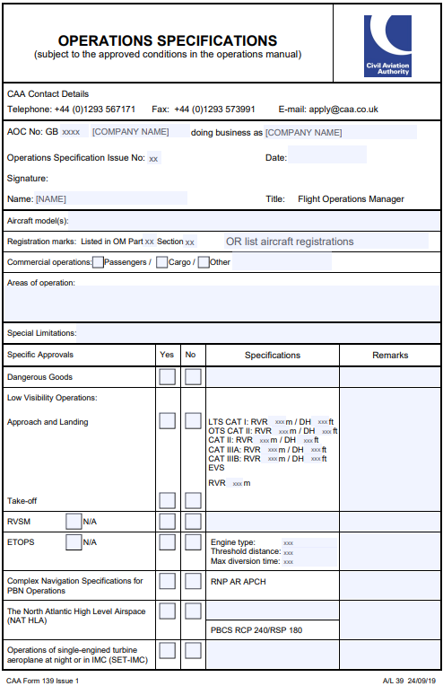 Image of the Operations Specifications form 139, page 1